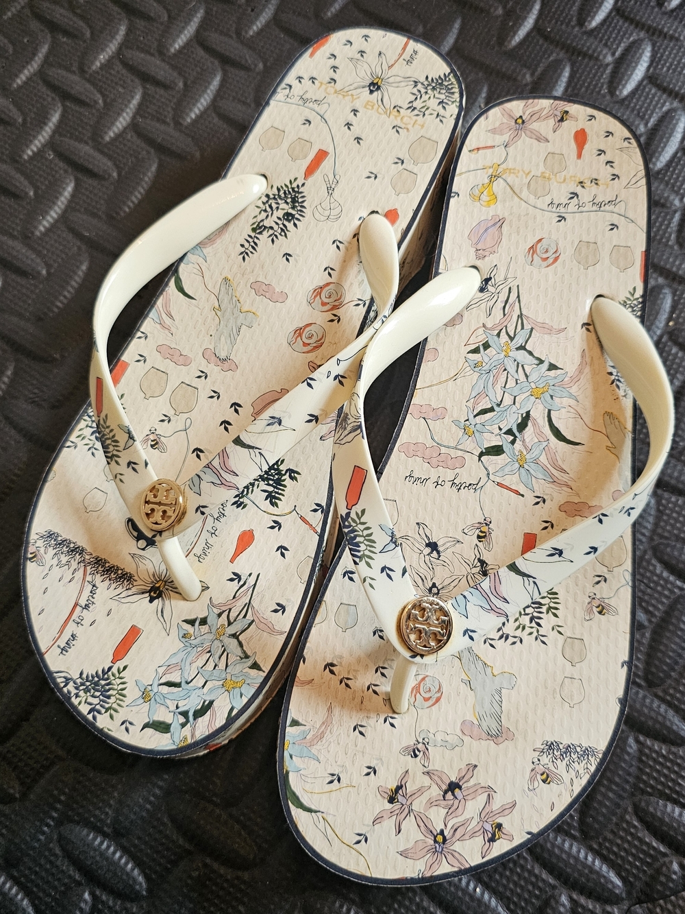 Tory Burch Cream Floral Flip-Flop Sandals with Gold Logo
